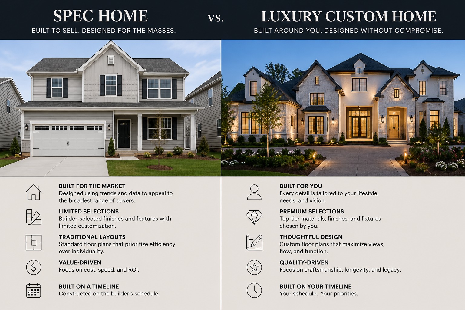 Side-by-side comparison of a standard spec home and a personalized custom home exterior