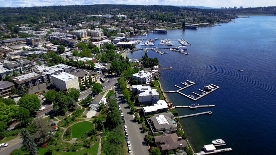 Waterfront neighborhood and homes in Kirkland, Washington along Lake Washington