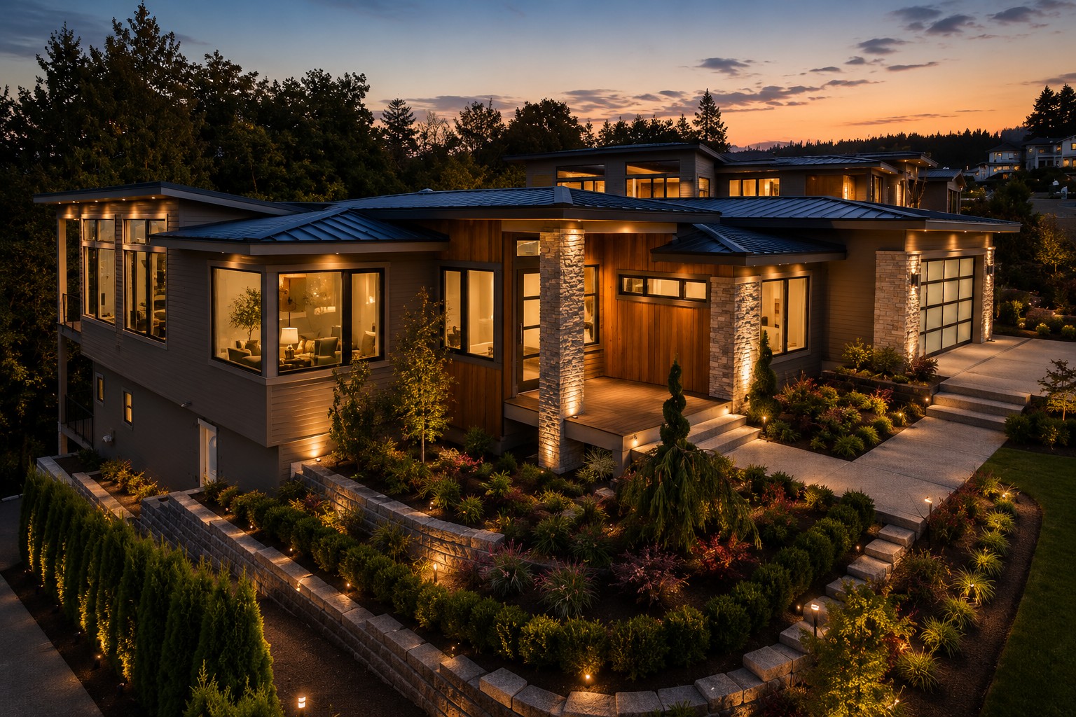 Luxury custom home in Newcastle, WA overlooking nearby hills and city views