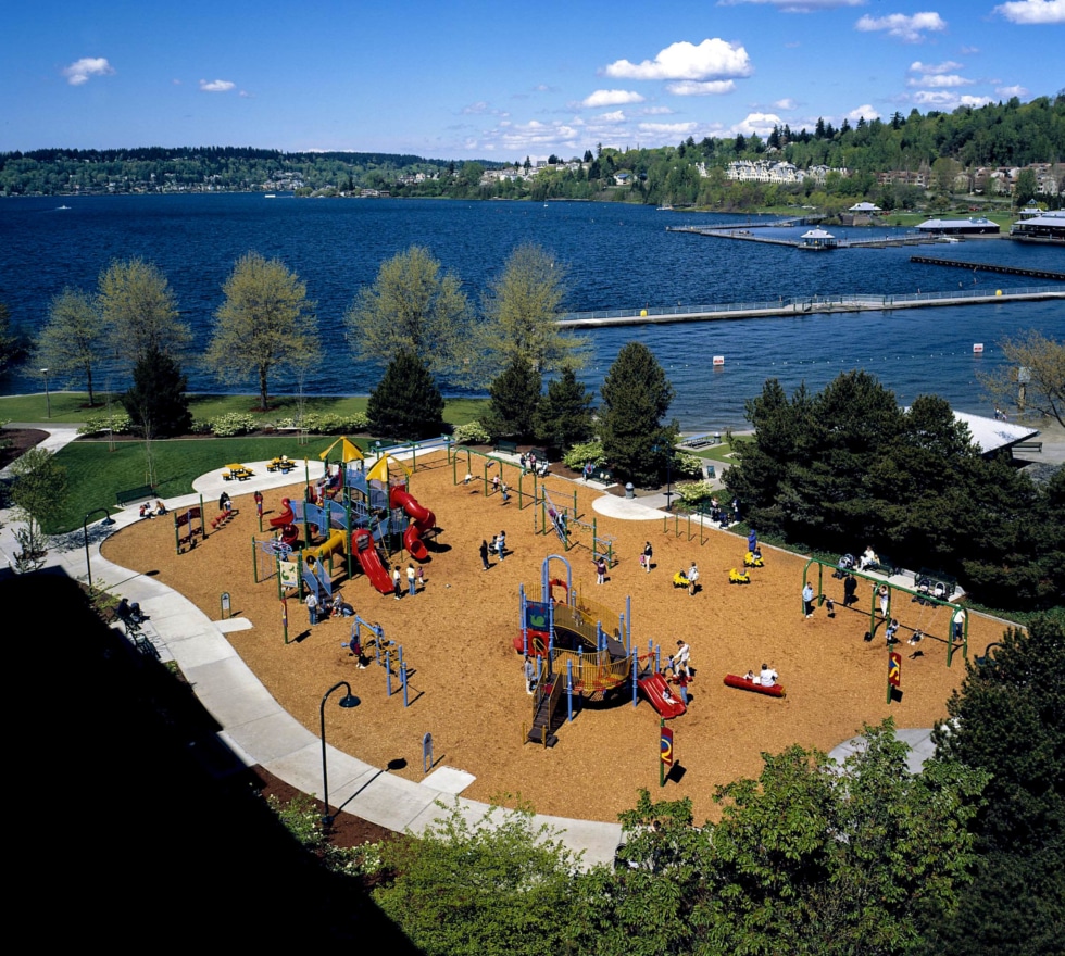 Neighborhood street and lakefront scene in Renton, Washington
