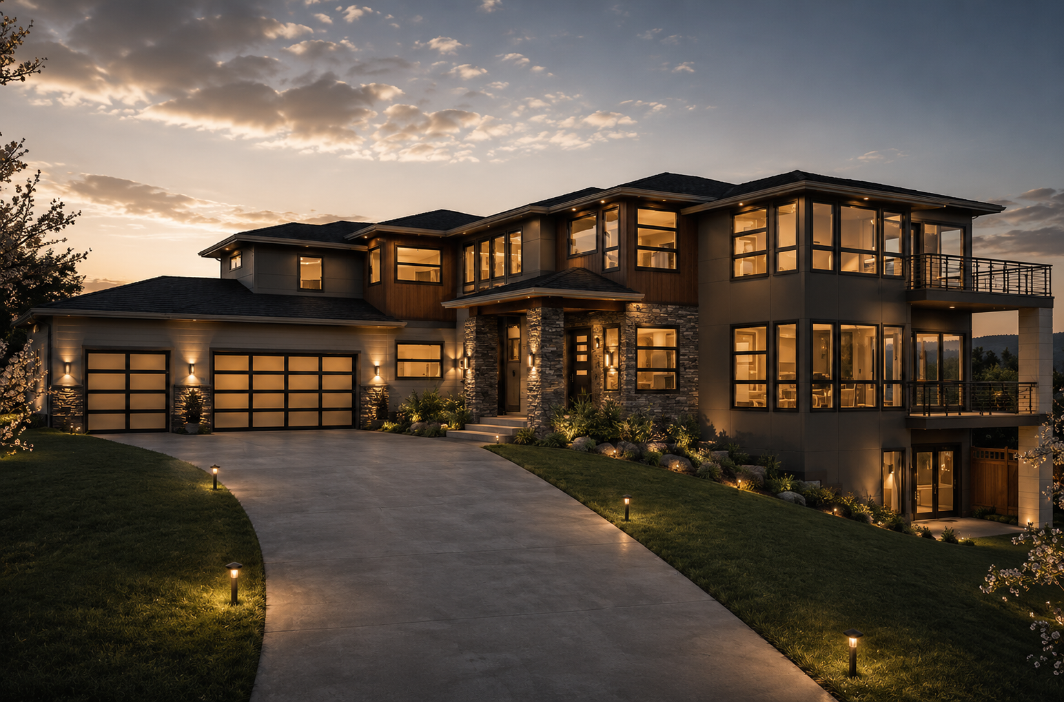 The Alderbrook Northwest contemporary plan on a sloping view lot.