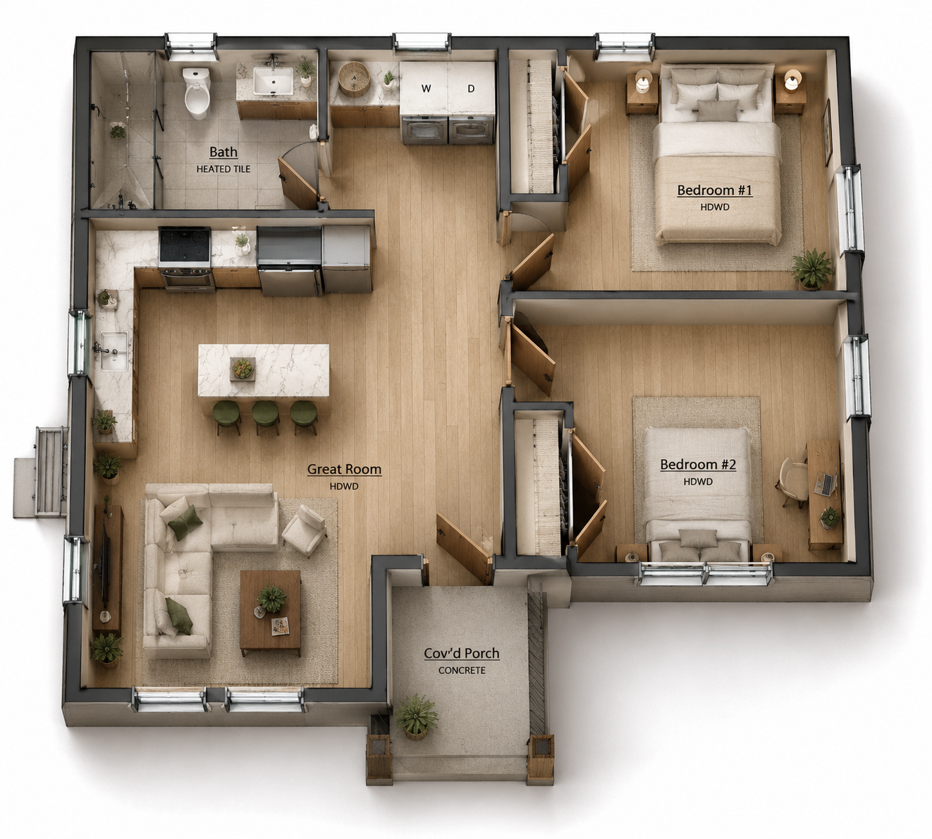 Single-level floor plan for Hu Backyard Cottage.